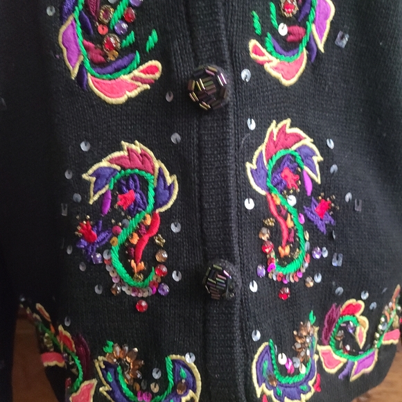 Vintage Jack B. Quick Sweatee Cardigan Mardi Gras Beaded Sequined Large XLarge - Picture 6 of 11
